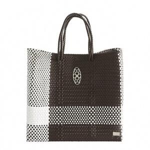 NEW LOLA'S BAG women's travel woven tote bag with clutch in brown/white